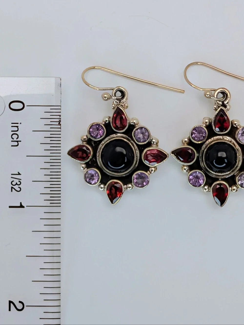 Garnet Amethyst Black Onyx S925 Sterling Silver Cluster Dangle Earrings